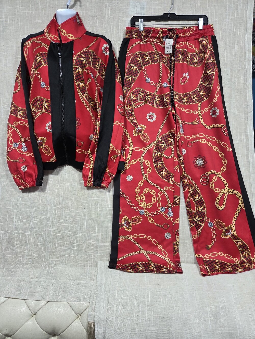 Ashley Stewart Red Chain Print Track Jacket & Pants Set Size 14/16.